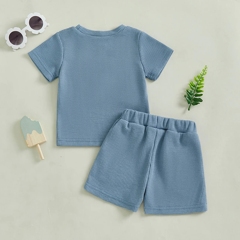 0-3Y Baby toddler and boy summer set with embroidered letters short sleeved solid T-shirt 2-piece waffle knit set 250304