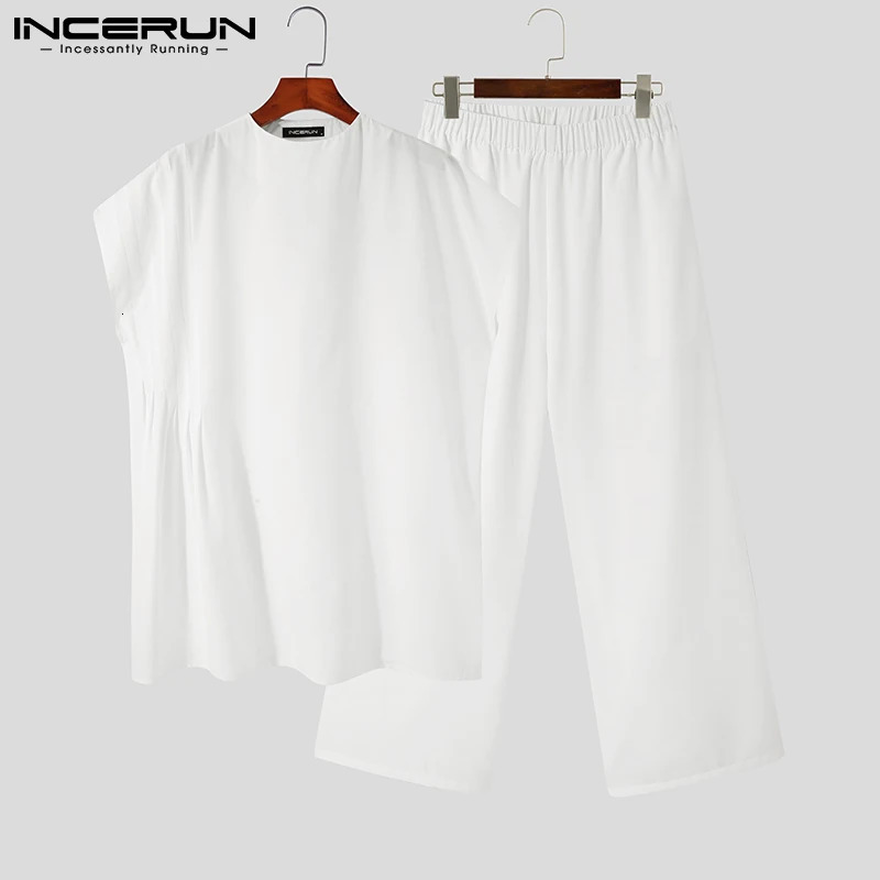 Mens Sets Muslim Style Pleated Dropped Sleeves Half Turtleneck Mid-Length Robe Loose Pants Suit 2 Pieces S-5XL INCERUN 250303