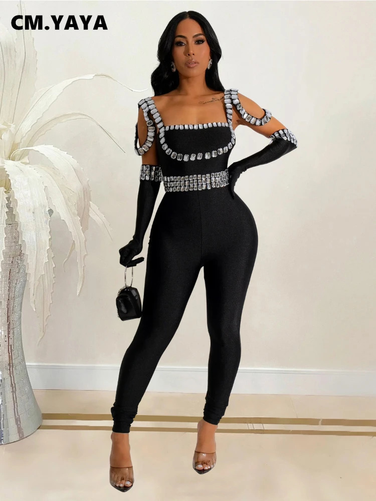 CM.YAYA Women Diamonds Rhinestones Sexy Strap Long Sleeve Jumpsuits Streetwear Club One Piece Overall Rompers with Gloves 250303