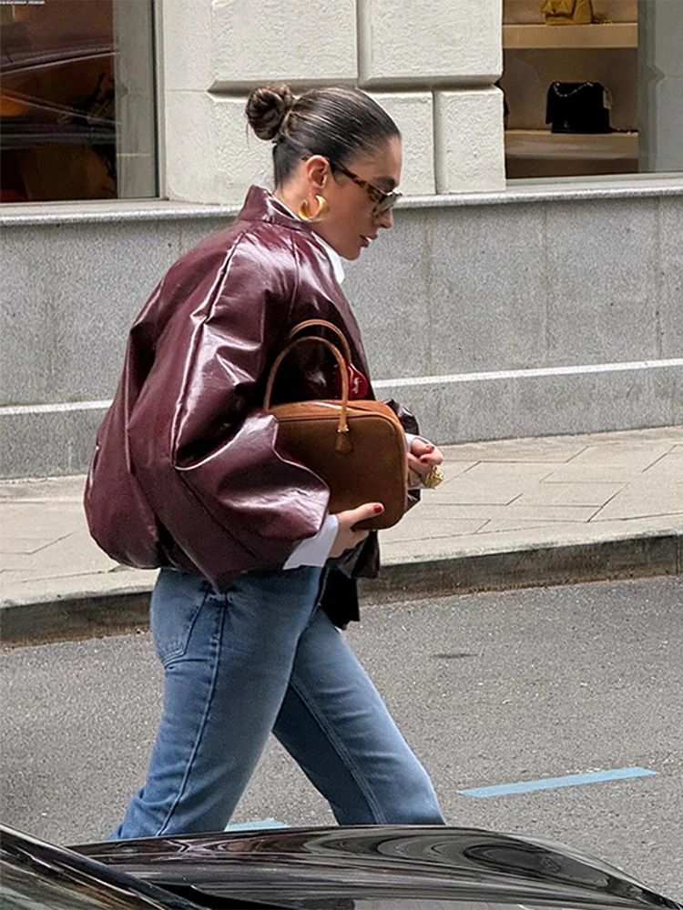 Vintage Burgundy Leather Bomber Jacket Women Chic Lantern Sleeves Zippers Crop PU Female Coat 2025 Loose Ladies Streetwear 250226