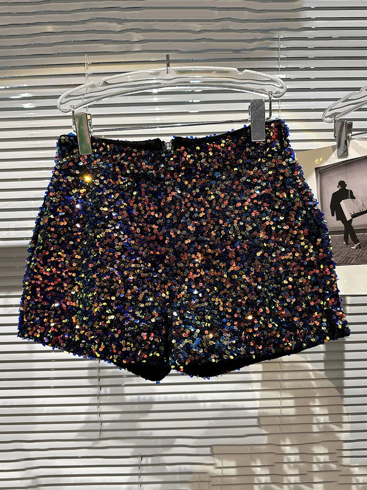 DEAT Fashion Trendy Womens Colorful Sequins Shorts 2025 Spring Collection High Waist Zipper Short Pants Female 11XX8816 250303