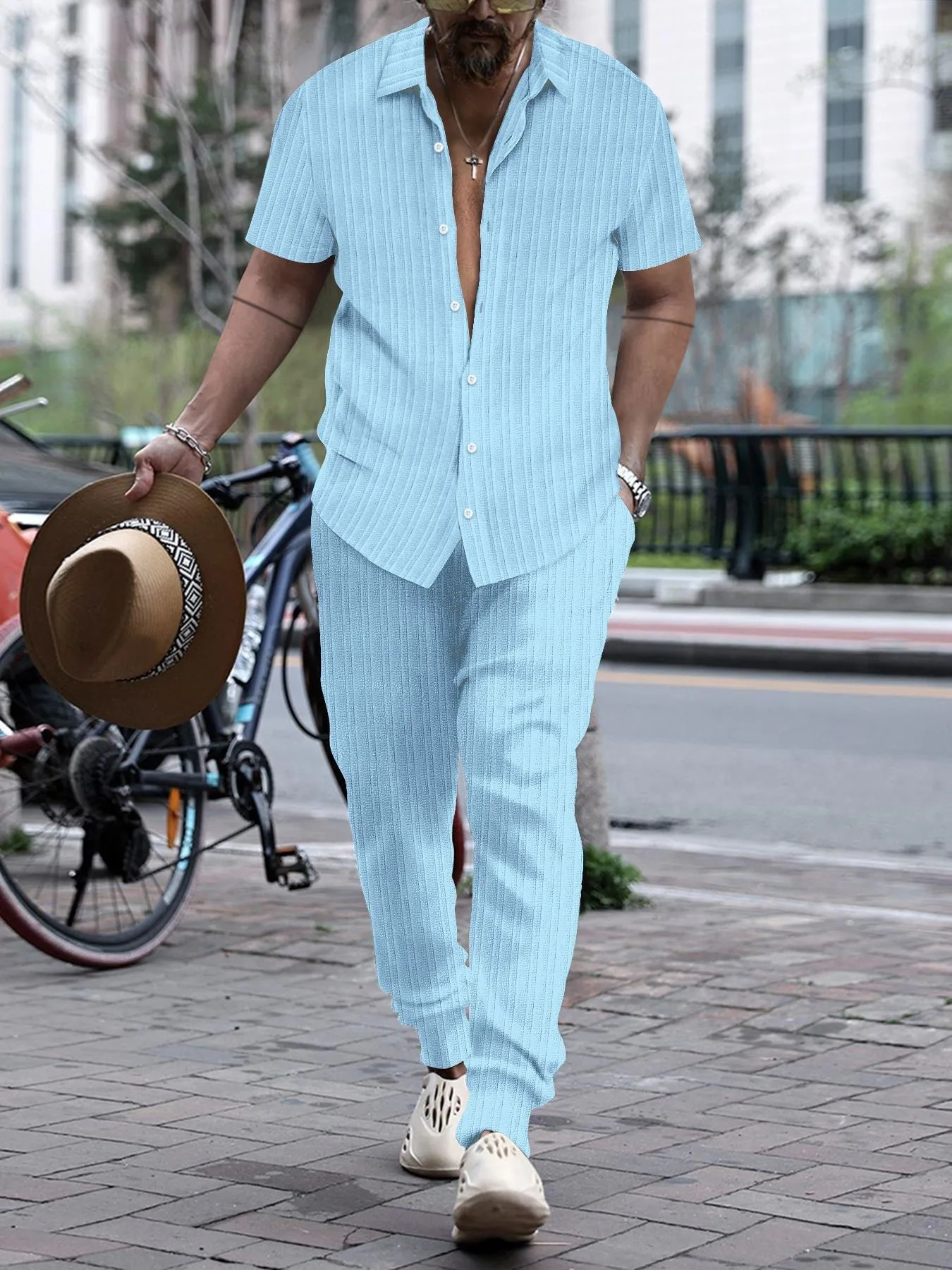 Summer Thin Mens Casual Lapel Solid Color Micro Stretch Shirt Loose Striped Short Sleeve Pants Beach Suit 250303