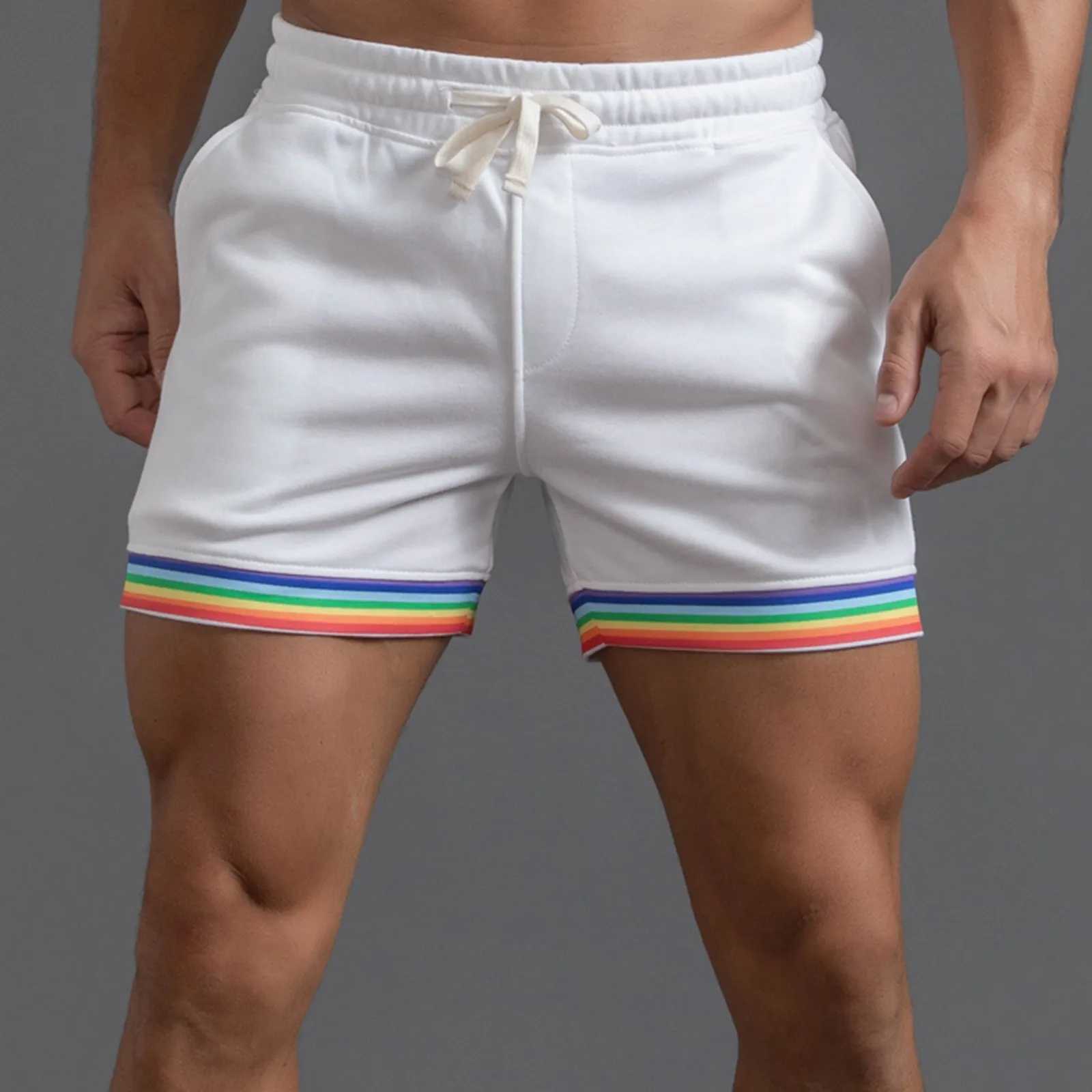 Polyester Shorts Men Summer Solid Color Rainbow Pants Pocket Drawstring Loose Casual Sports Running Glitter Foam StarT250304