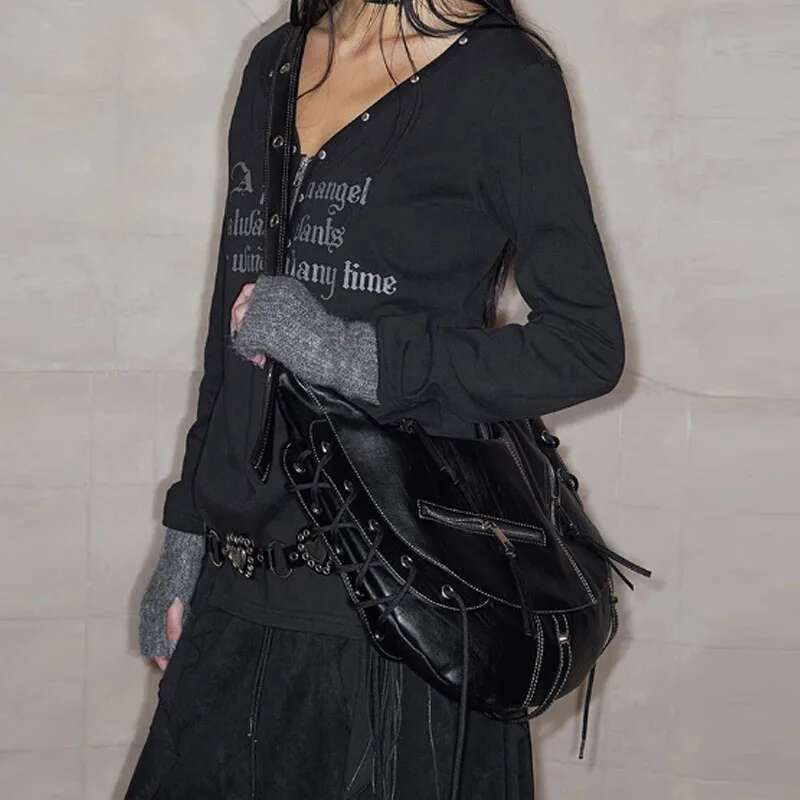 New Black Shoulder Vintage Punk Fashion Designer Pu Leather Tote Bag Large Capacity Women Handbag