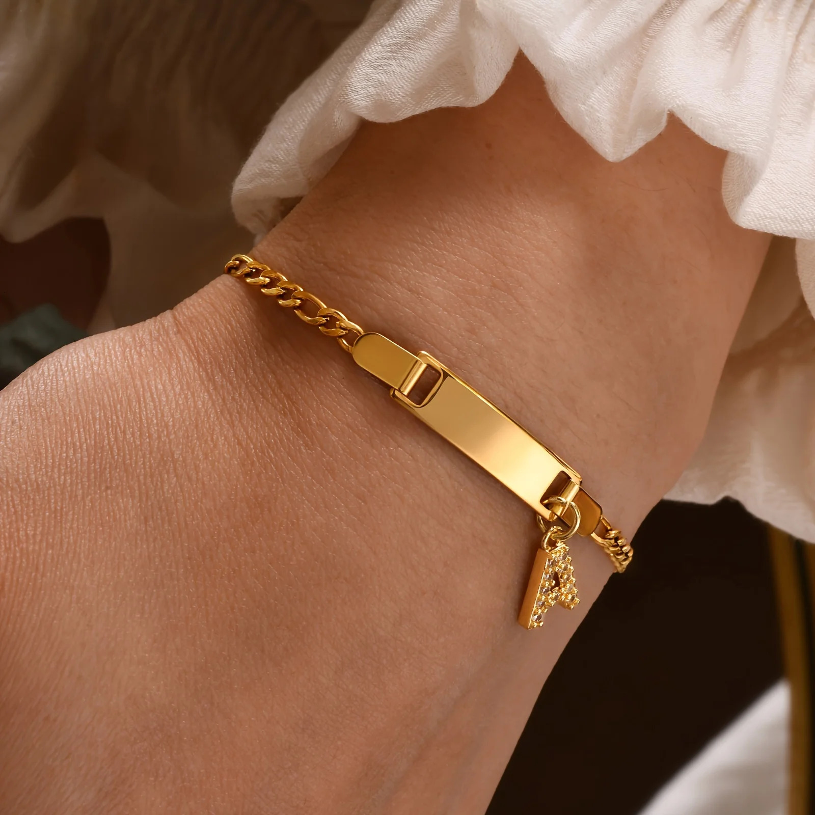 3UMeter Custom Name Bracelet Engraved 26 Letter Zircon Stainless Steel Jewelry 18k Gold Figaro Chain Birthday Gift Baby 250304