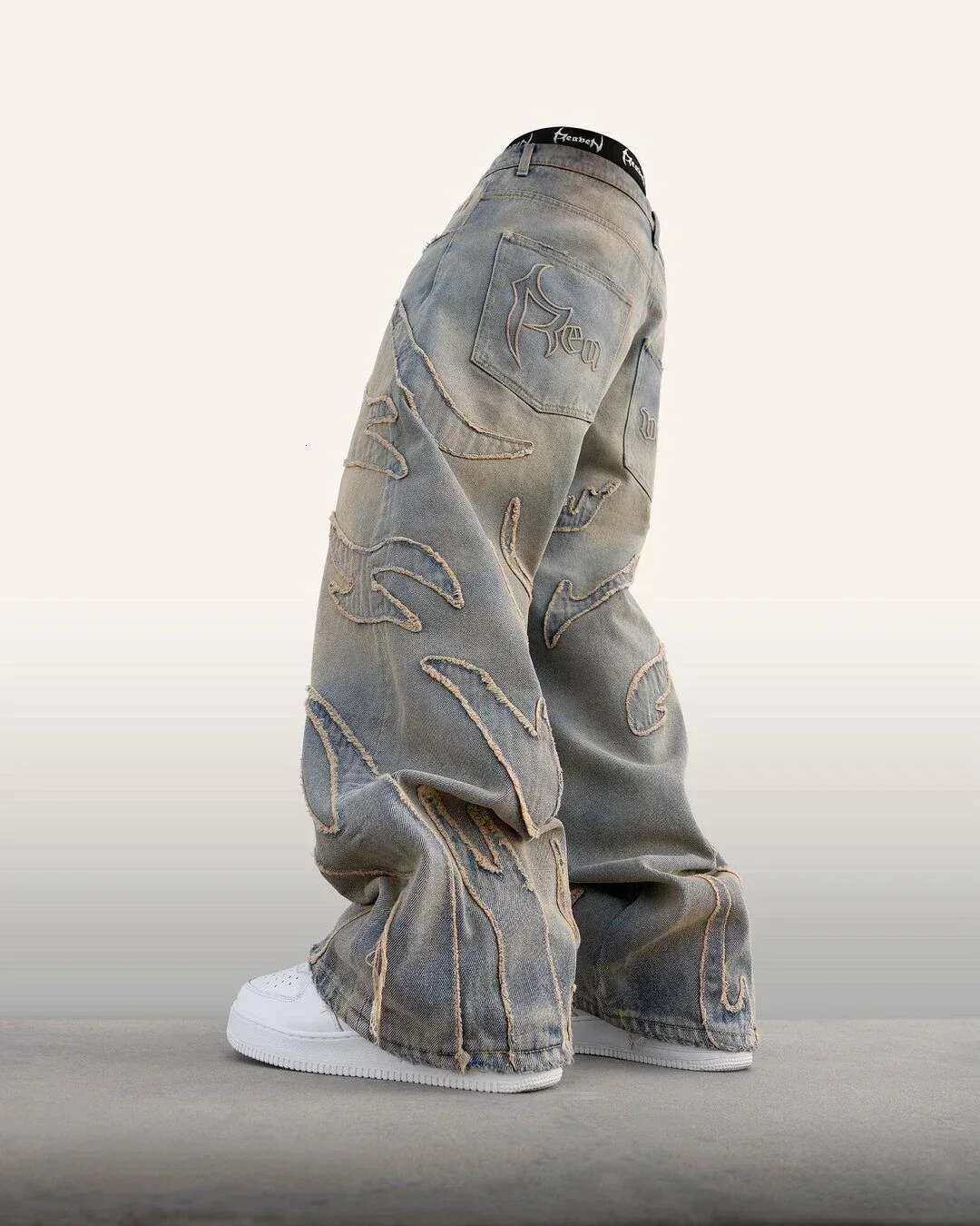Men's And Women's Jeans Splicing Tattered Striped Overalls Denim Loose Low-Rise Wide-Leg Pants Retro Hip Hop Haruku Y2k Baggy