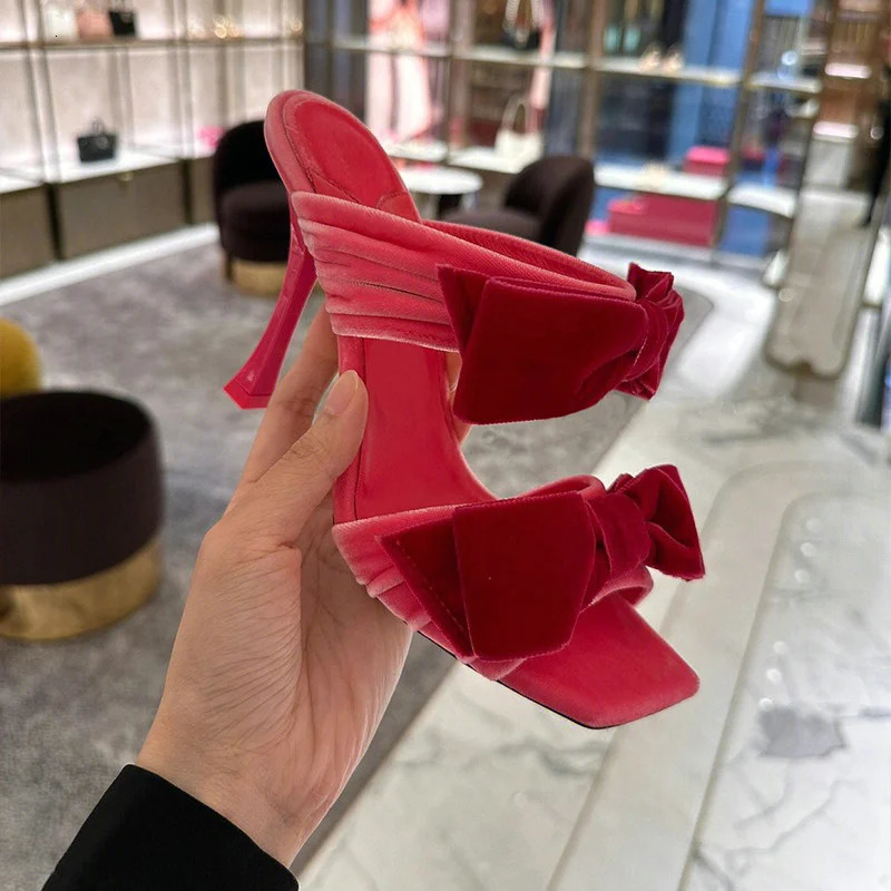 Pink Velvet Slippers With Bow Style Socialite Slippers Slides Square Head Open Toe Stiletto Black High Heels 250303