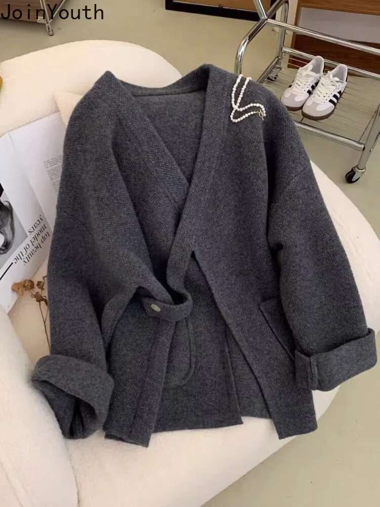 Fall Winter Clothing V-Neck Knitted Cardigan Jackets Women Bandage Fashion Pull Femme 2023 Ropa Mujer Vintage Cropped Sweater