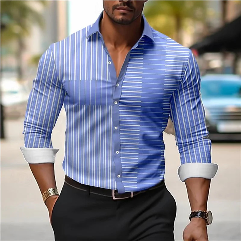 Mens Line Plaid Shirt High Quality Lapel Long Sleeve Social Clothing Slim Prom Large Size XS6XL 250227Z