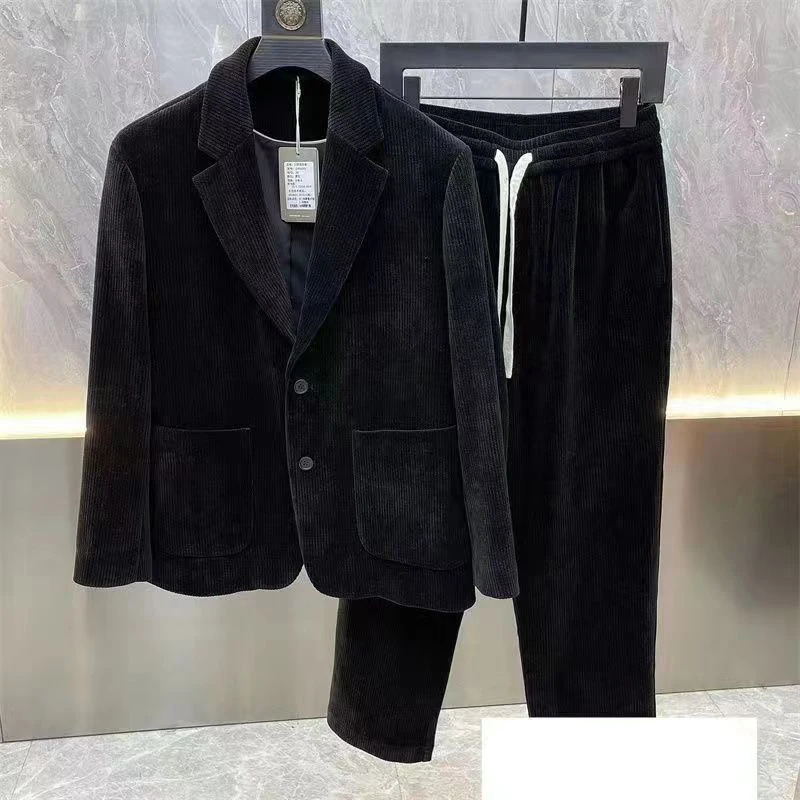 Mens springsummer long sleeved casual Korean slim fit twopiece solid creased jacket with lining set 250227