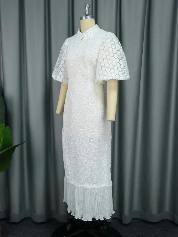 White Lace Dresses for Women Wedding Guests Elegant Turn Down Collar Puff Sleeves Pleated Hem Midi Dress Occasion Clothes 250303