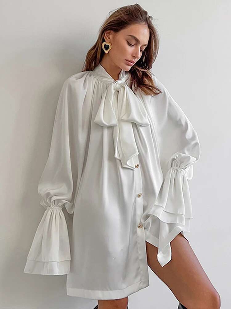 Elegant Bow Satin Mini Shirt Women Long Sleeve Single Breasted A-E Dresses 2025 Spring Summer Lady Commute Vestidos