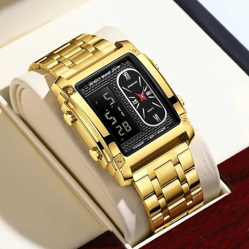 BINBOND Top Brand Luxury es for Men Fashion Quartz Wrist Square Gold Stainl Steel Busin Clock Mens WatchXJ250304