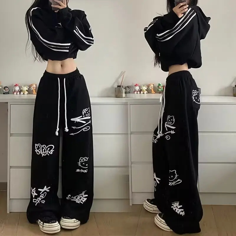 Loose Fitting Casual Pants Fashionable And Fun Cartoon Dog Cat Graffiti Pattern Korean Fashion Spring Fall Baggy Straight 250225
