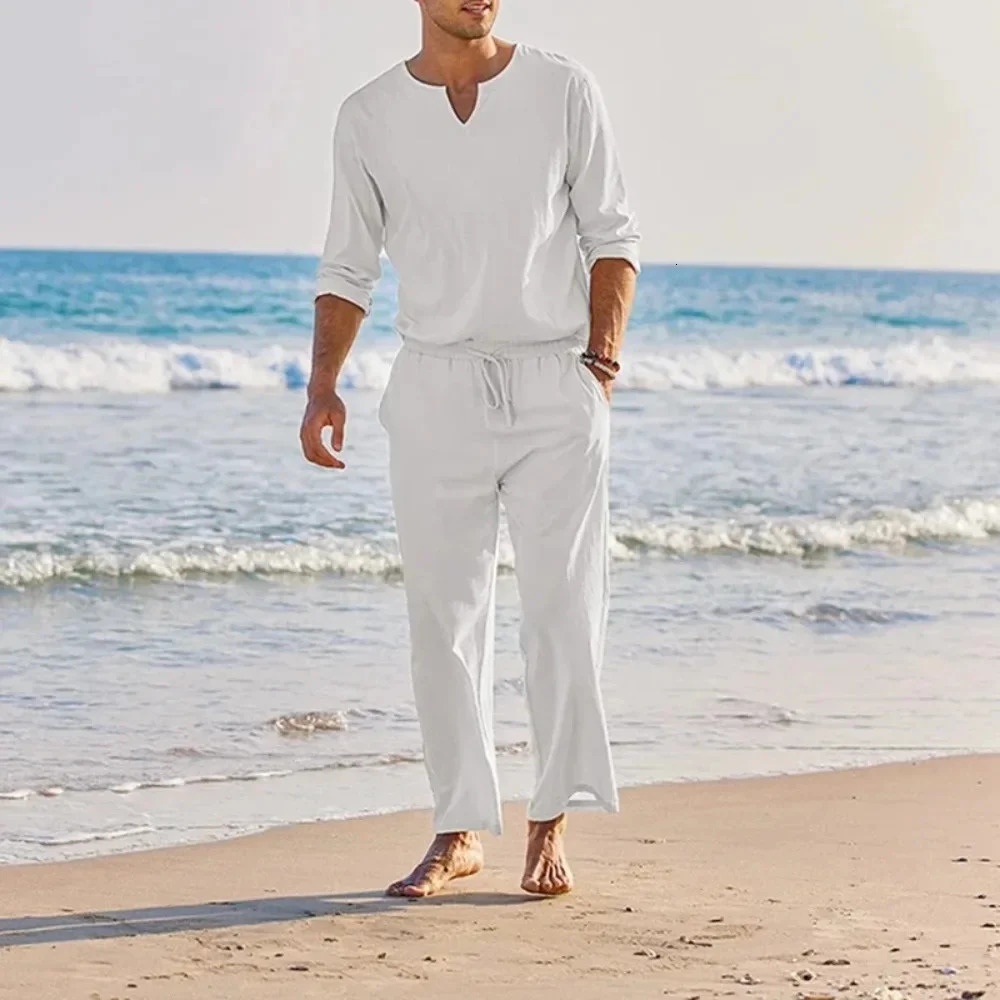 Casual cotton linen twopiece mens set fashionable loose Vneck long sleeved top and Trouser beach style summer clothing 250224