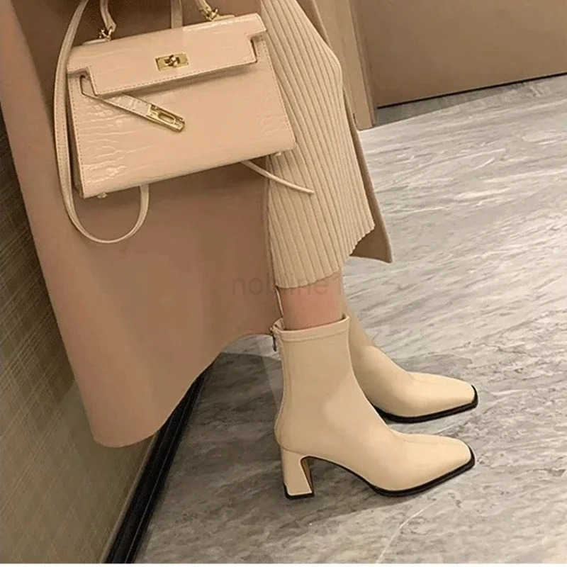Wens Fion Ankle Boots Winter Square Toe Leather High H 2025 Back Zipper Cfortable Warm Elastic Boots Botas De Mujer Z250304