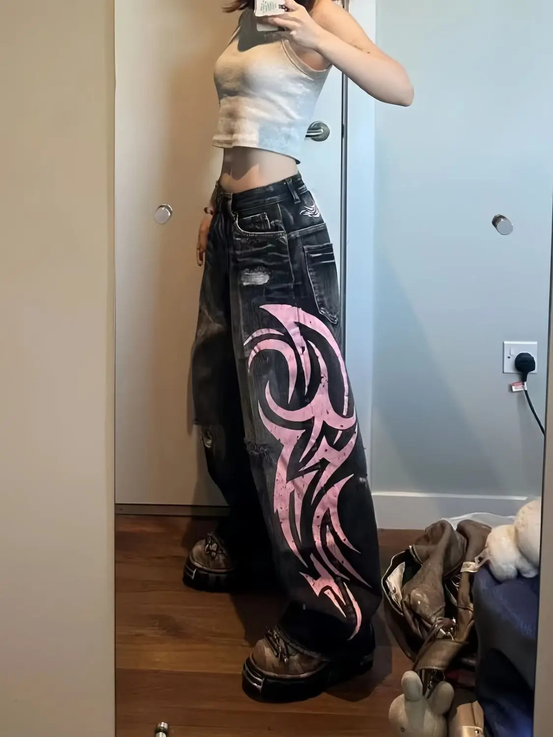Y2K American Vintage Mottled Totem Print Baggy Jeans High Waist Wide Leg Harajuku Trendy Hiphop 250227