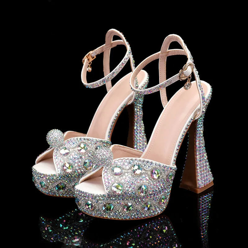 Handmade Full Rhinestones Peep toe Women Sandals Fashion Crystal Platform Wedges High heels Summer Wedding Sandals Shoes 250228