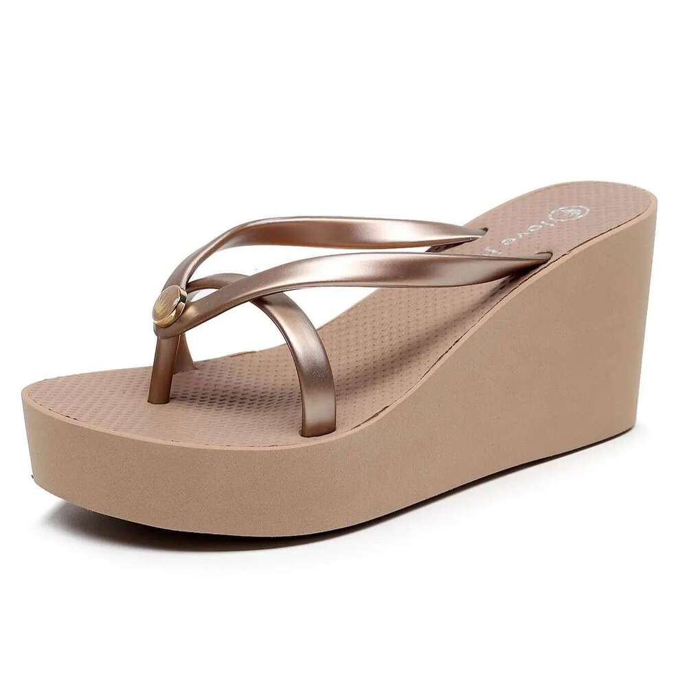 Flip-ps Women's Summer Slope Heel Height 8cm French Fashion High-End Beach Resort Swimming Pool Bathroom Anti-Skid Slippers