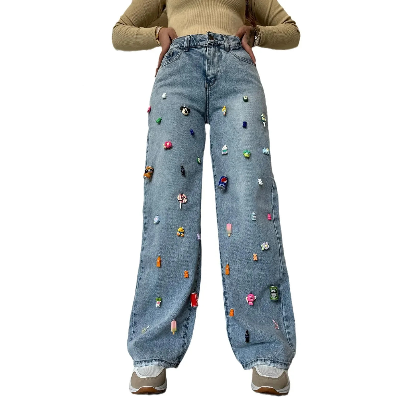 American Style High Waisted Womens Jeans Sensible 3D Decorative Fashion Street Clothing Distressed Denim Wholesale AutumnWi 250227