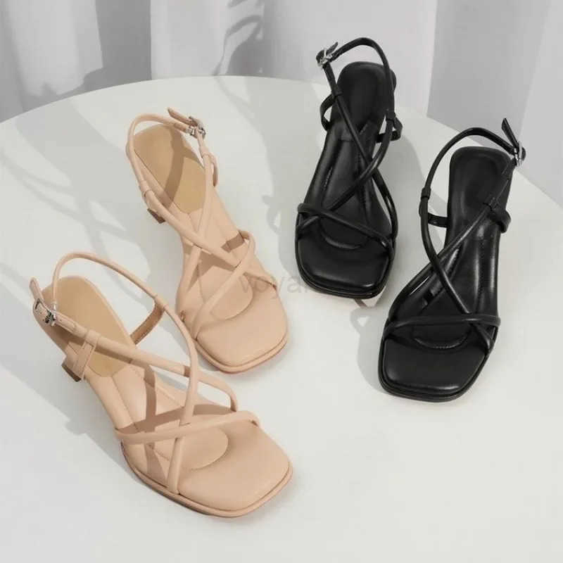 2024 Summer New Simple Square ed Slim Strap Thick Heel Sandals for Wen Straight Toe Open Toe Sandals for Wen Z250304
