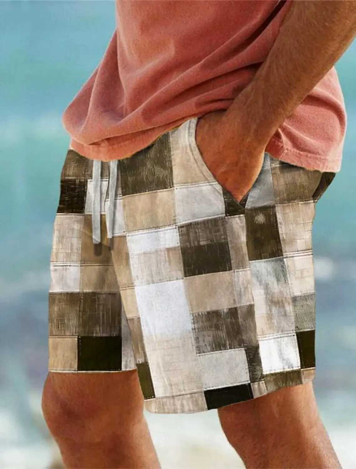 Mens Patchwork Plaid 3D Printed Beach Pants Summer Breathable Shorts Fitness Street Ropa HombreT250304