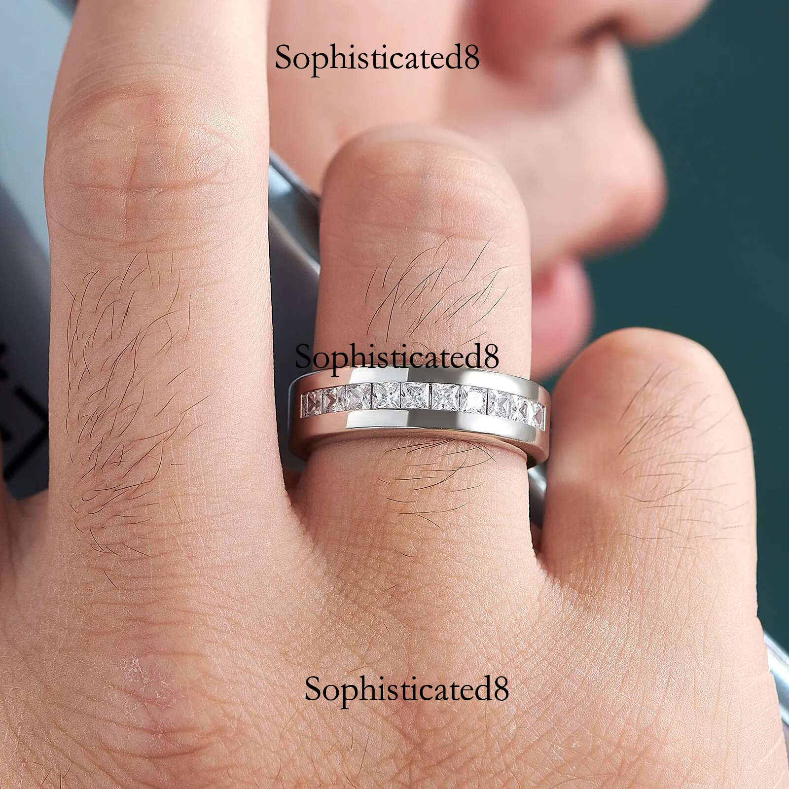 1pc Solid Sterg Sier Men's Wedding Ring 1ct Princess Cut White AAAAA Cubic Zirconia for Him Fine Jewelry Gift Size 7-14