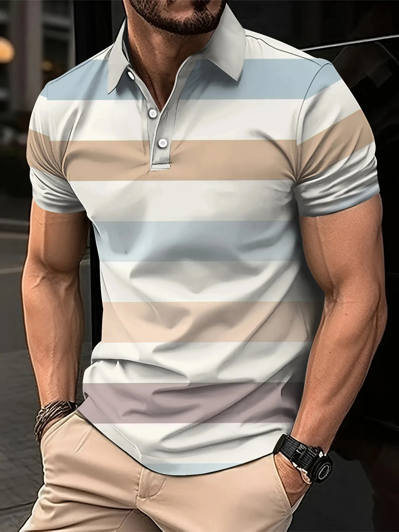 Mens Summer Short Clothes Sleeved Lapel 3D Digital Printed Striped Polo Shirt Mens Fashion Business Casual Top Clothes 250304