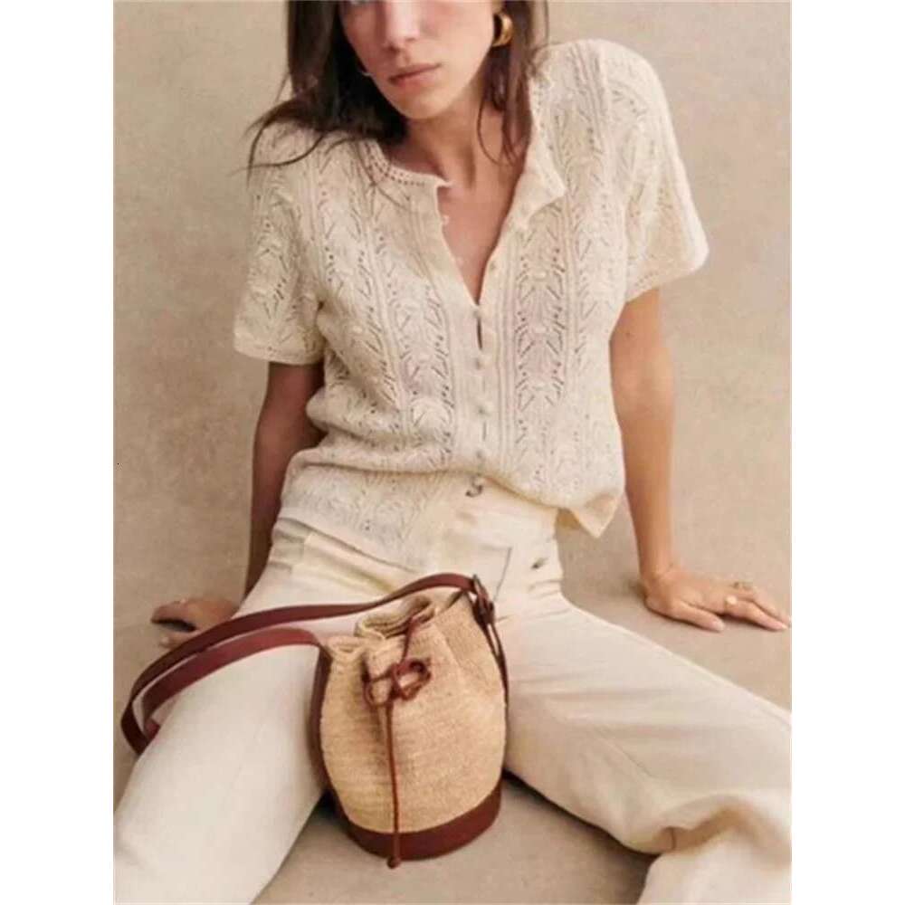 2025 New Women Short Sleeve Sweater Hollow Out Single Breasted Casual Female Elegant Knit Cardigan Top