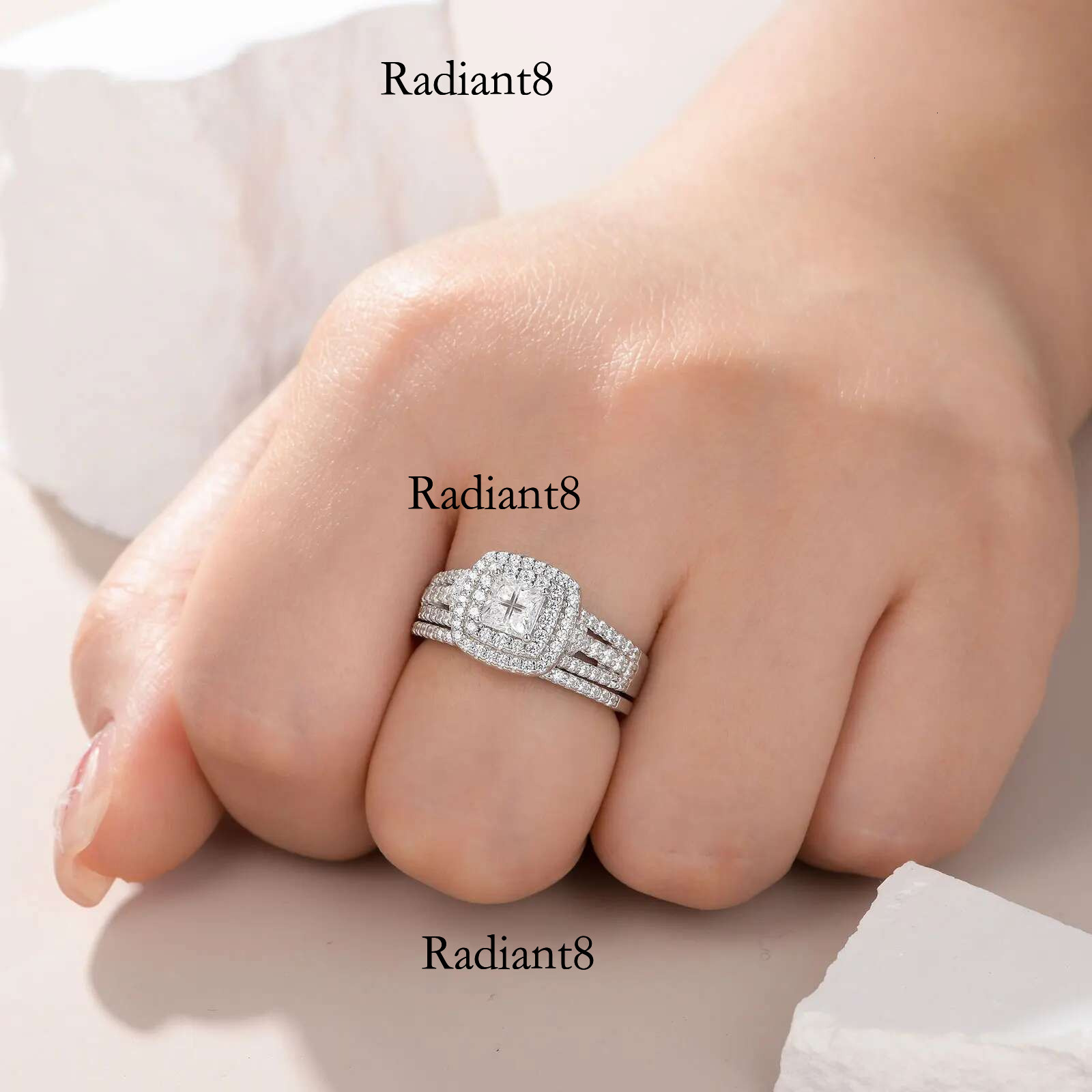 Newshe Sterg Sier Halo Wedding Ring Set for Women Elegant Jewelry Princess Cross Cut Simulated Dia Rings