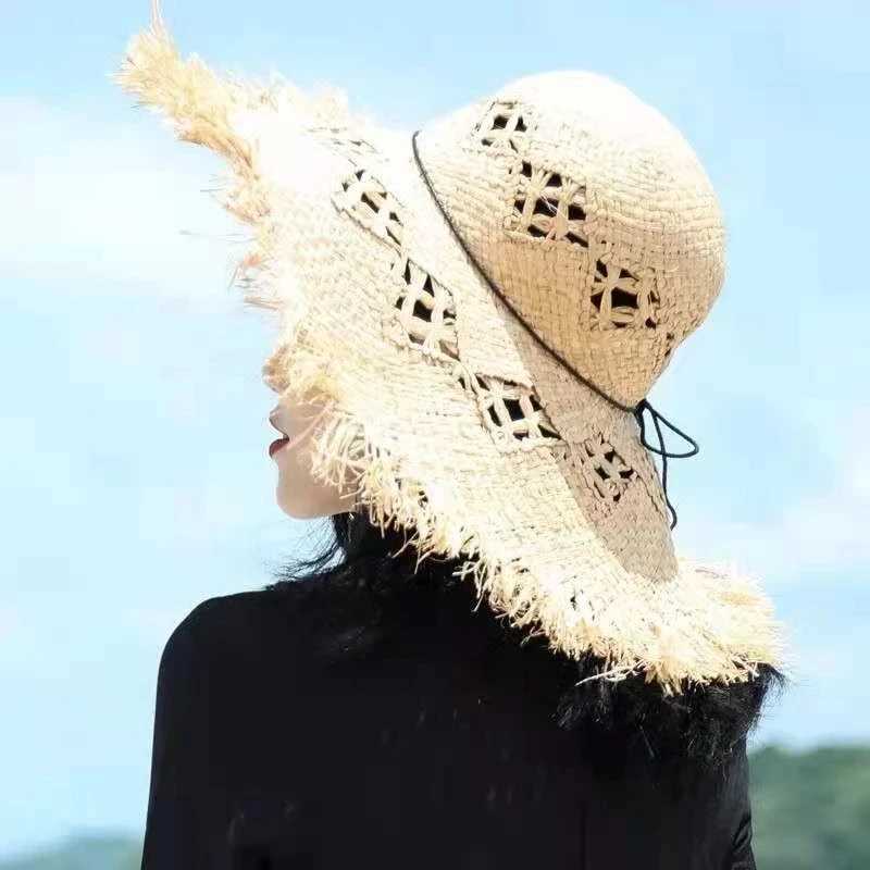 Natural Large Wide Brim Raffia Str Hats Woven Circle Fringe Beach C Summer Hollow Out Big Str HatXJ250304