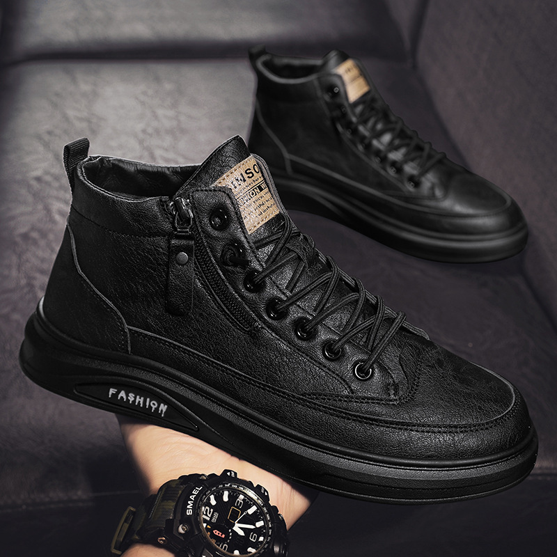 High Quality Light Luxury British Style New Casual Leather Men's Designer Black Mid Top Board Shoes Spring Waterproof Martin Boots Trendy Men