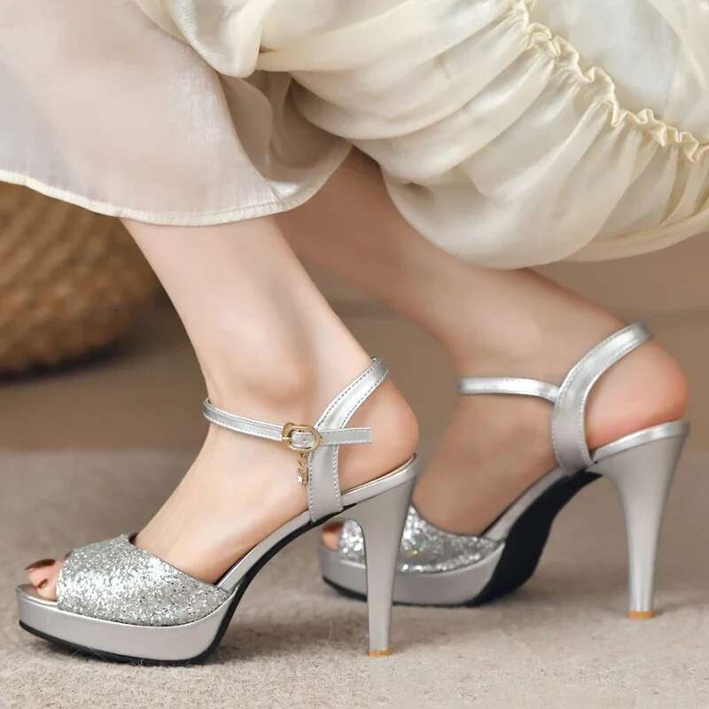 Ladies Gold Elegant Glitter Super High Heels Shoes Woman Peep Toe Ankle Strap Pumps Women Summer 2025 Platform Sandals Mujer 40