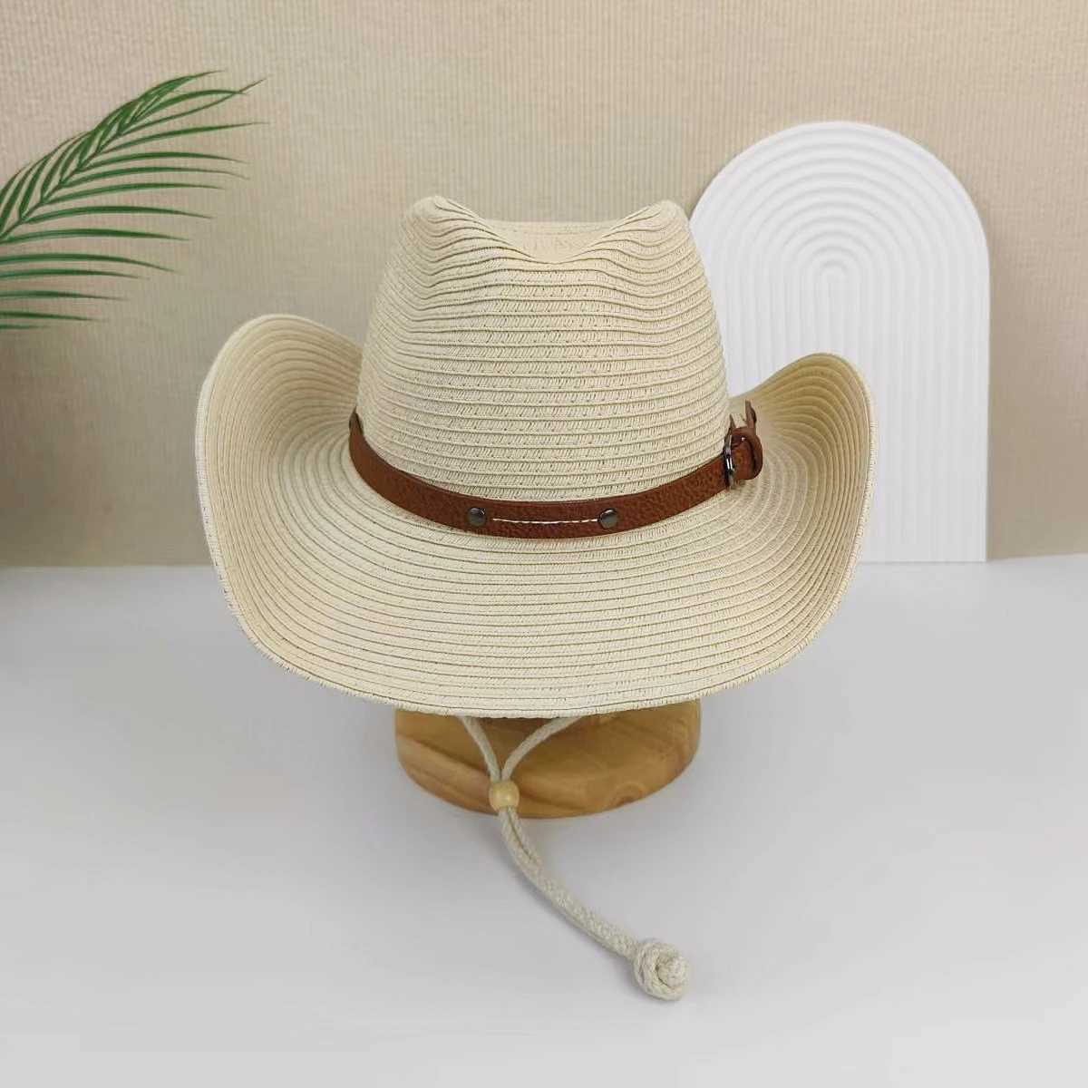 A mens and womens wide-brimmed western cowboy hat stylish jazz hat summer beach sun hat carrying a windbreak ropeXJ250304