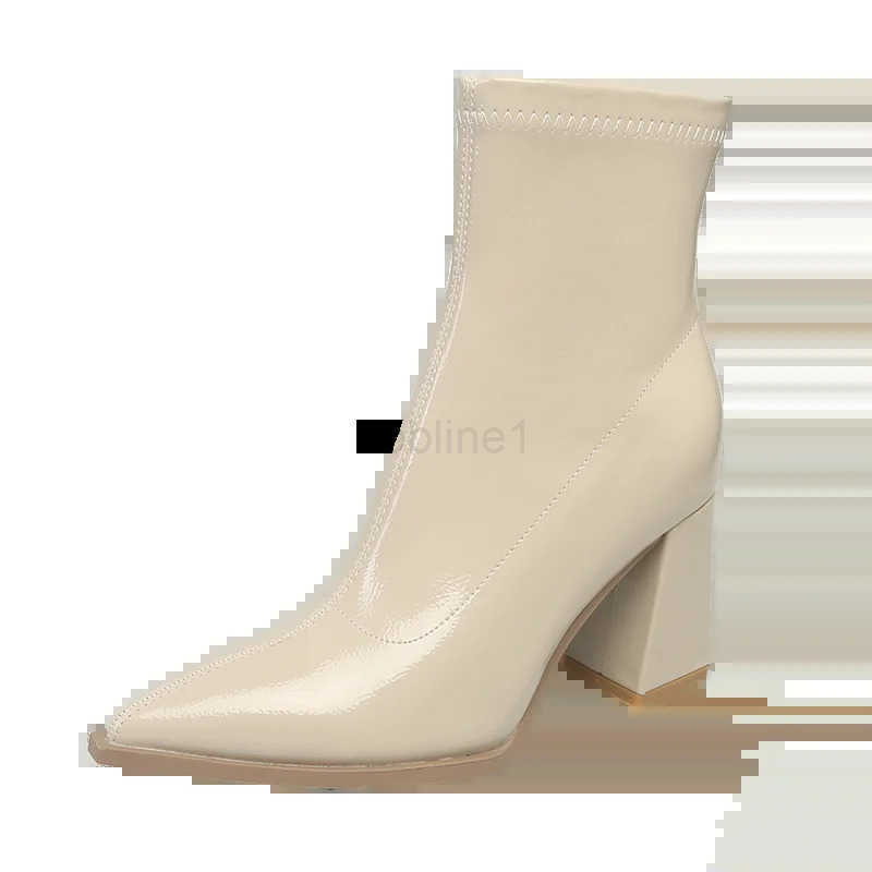 Winter Patent Leather Wen Ankle Boots Fion Pointed Toe Short Booties Square High H Party Pumps Shoes Z250304