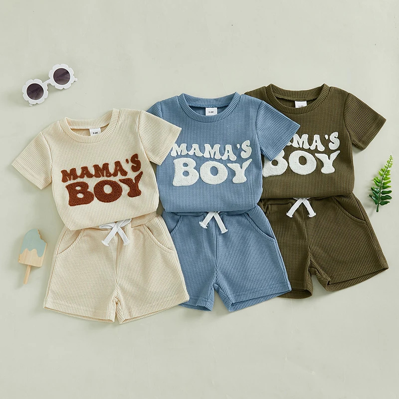 0-3Y Baby toddler and boy summer set with embroidered letters short sleeved solid T-shirt 2-piece waffle knit set 250304