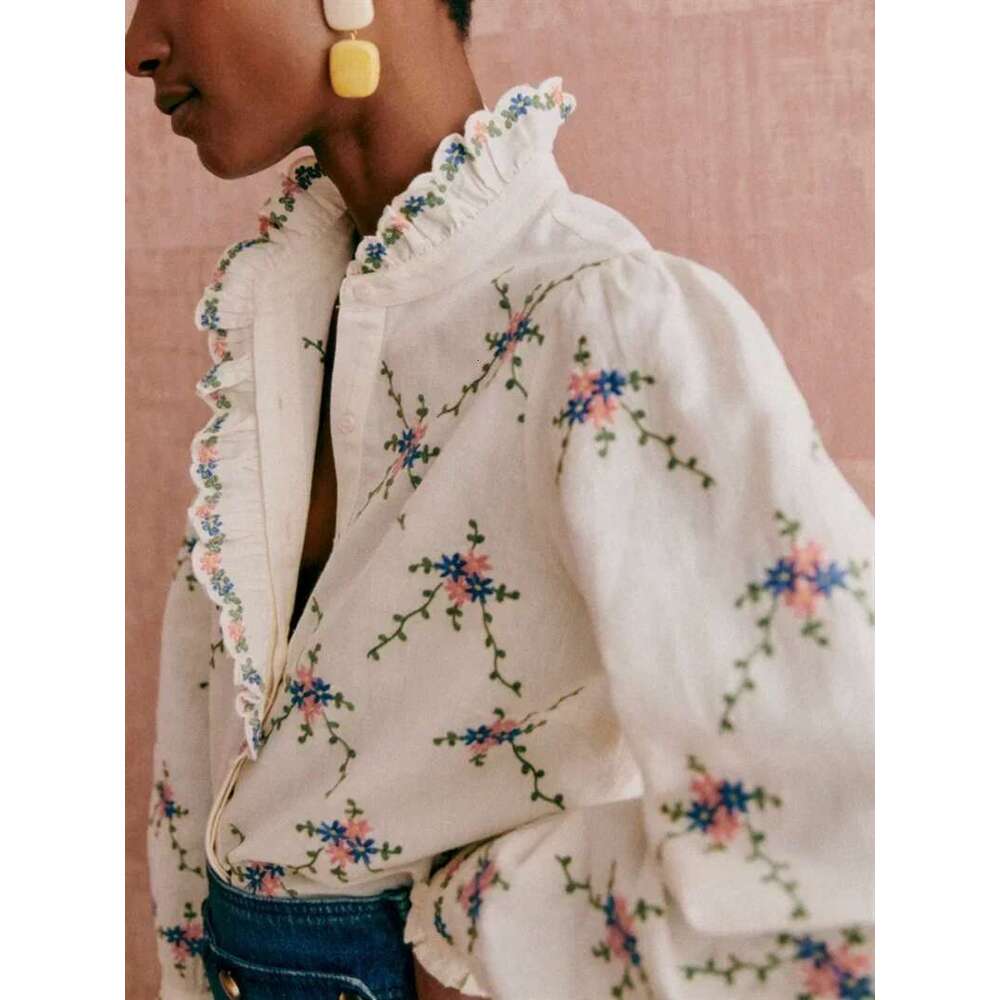 Women's French Stand Collar Ruffle Blouse 2025 New Autumn Long Sleeve Single Breasted Ral Embroidery Elegant Ladies Shirt