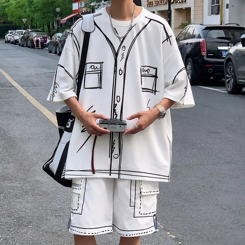 Summer Elegant Fashion Harajuku Slim Fit Ropa Hombre Loose Casual All Match Sports Suit Ice Shreds Short Sleeve Two Piece Set 250303