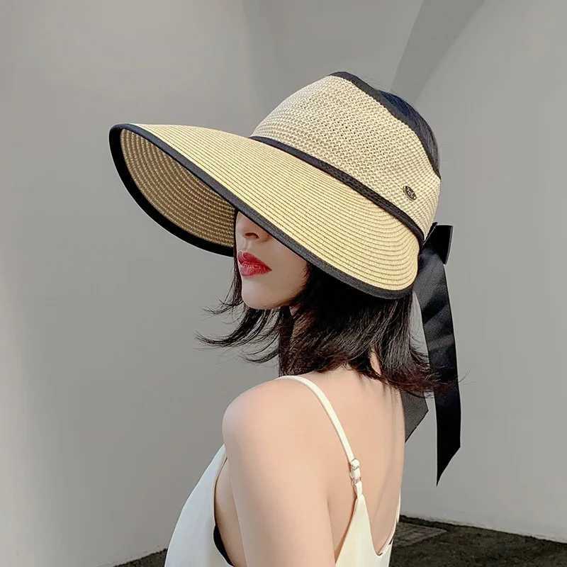New Summer Adjustable Ribbon Empty Top Str Hats For Women Foldable Wide Large Brim Beach Hat Cheau Femmeuv Protection CXJ250304