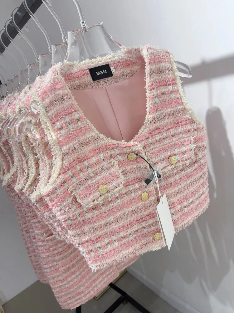French Small Fragrant Summer Tweed Tank Tops Womens Clothing Pink Tassel Vest Coat Female Outwear 250303