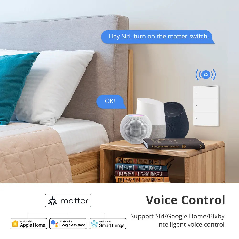 Zemismart Matter WiFi 1 2 3 4 6 Gangs Smart Wall Light Switch Neutral Required with Big Button SmartThings App Homekit Control 250303