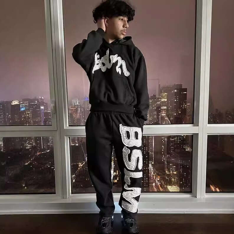 Fashionable 3D digital letter printed hooded loose hoodie American trend unisex set