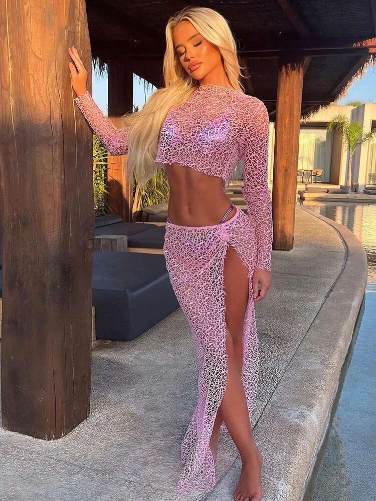 Avrilyaan Perspective Grid Sexy Two Sleeve Top Split Long Skirt Elegant Casual 2 Piece Women Set