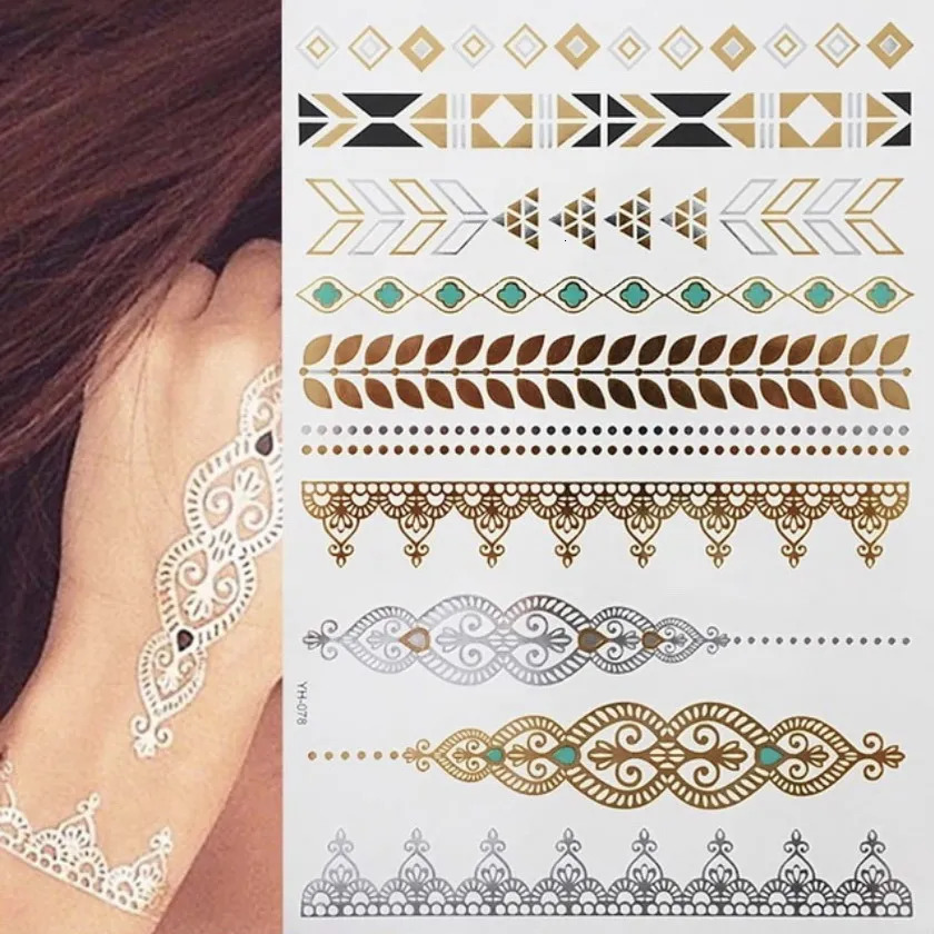 Flash Metallic Waterproof Temporary Tattoo Gold Silver Women Henna Mandala Flower Lace Taty Indian Arabic Sticker 250219