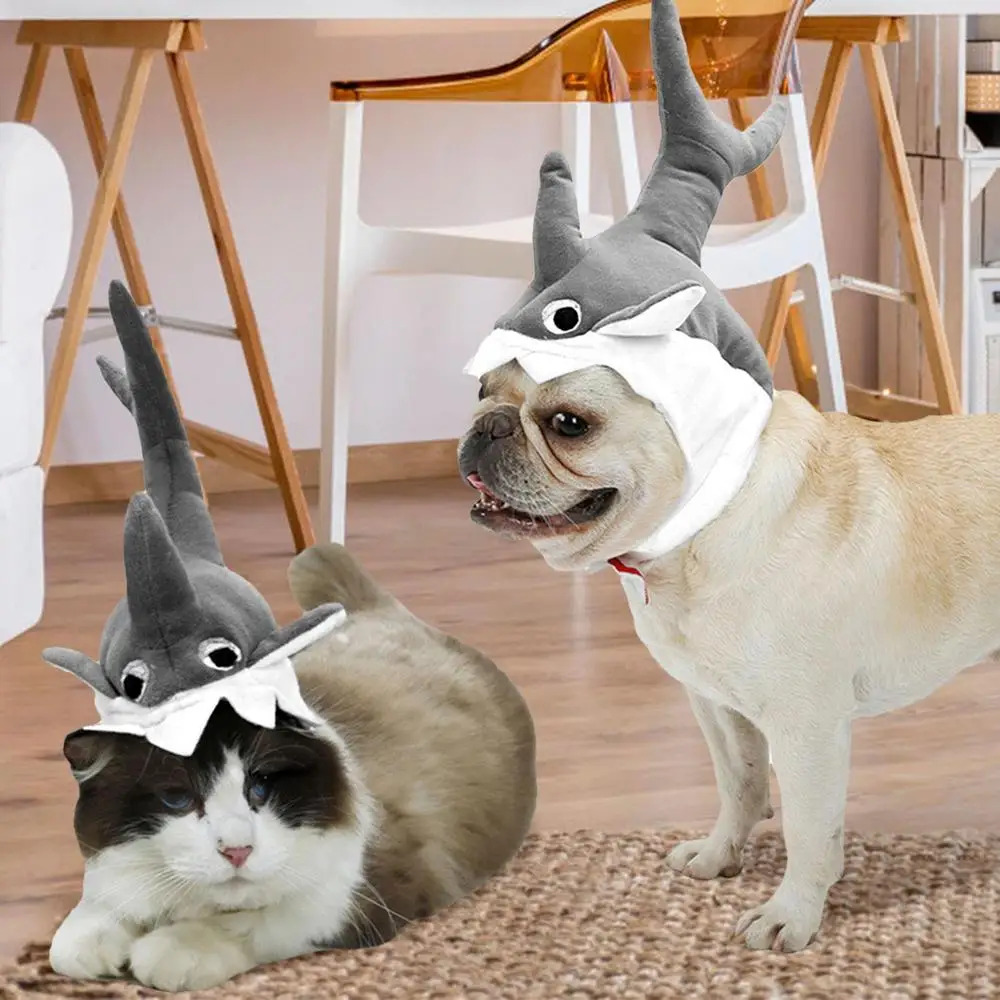 Pet Plush Shark Hat Halloween Costume Cute Funny Dog Cat Toy Chew Hat Adjustable Adorable Cat Cap Puppy Dress Up Kitten Outfits