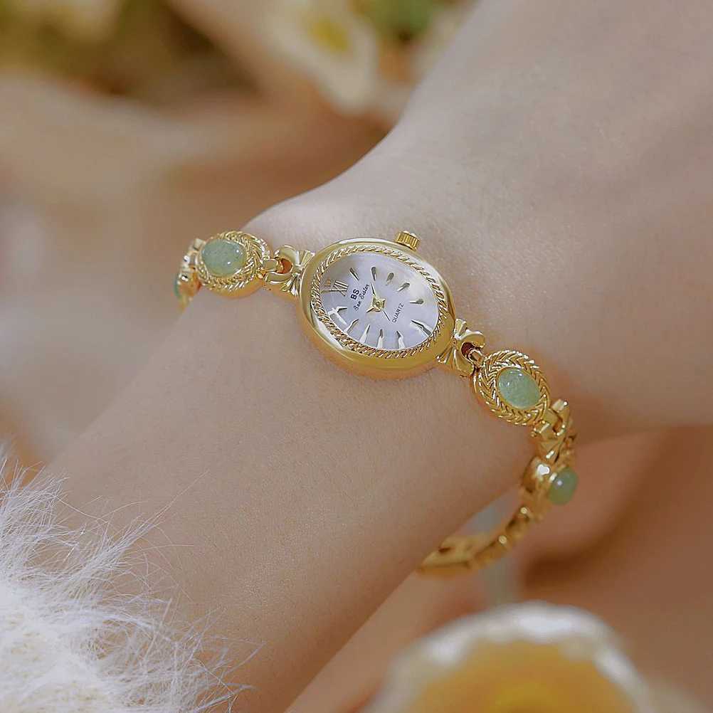 High-End Luxury Women Fashionable Retro Oval Quartz Ladies Drs Natural Jade Gold Bracelet Wrist Small DialXJ250304