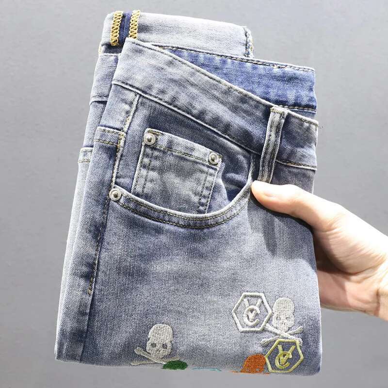 Summer Men's Slim Fit Jeans With Embroidery Design, Stretchy Casual Thin High-End Long Pants