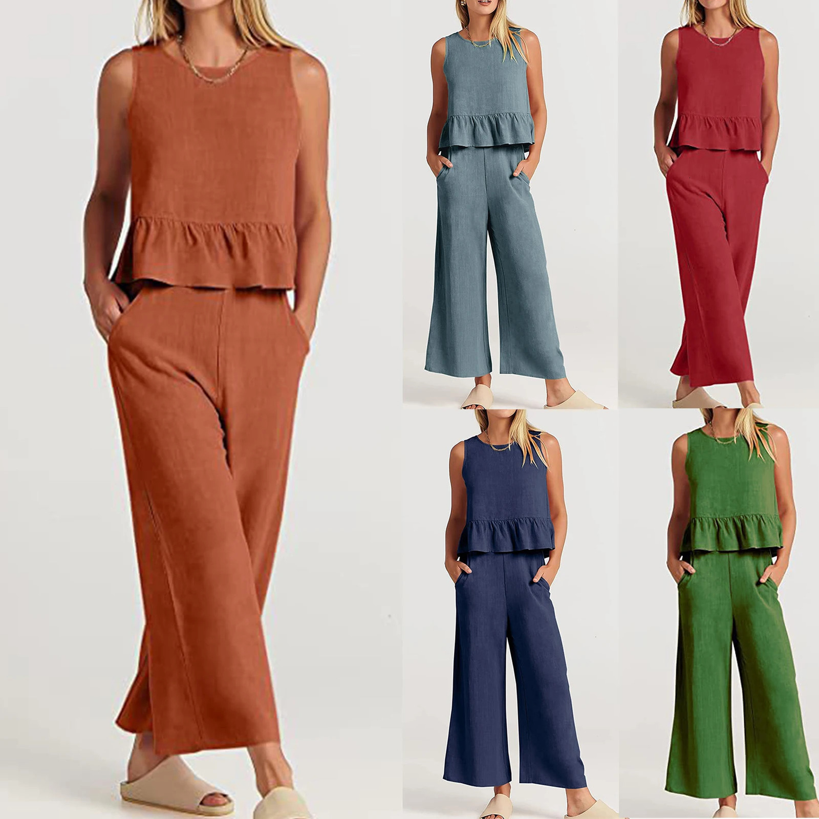 Womens 2piece long pants set with square neckline cotton summer loose fit solid color sleeveless daily clothing 250225
