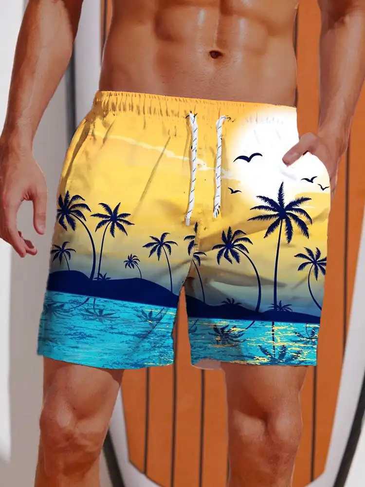 2024 3D Printed Hawaiian Vacation Style Printing Shorts Mens Board Shorts Casual Swim Trunks Drawstring Breathable Short SummerT250304