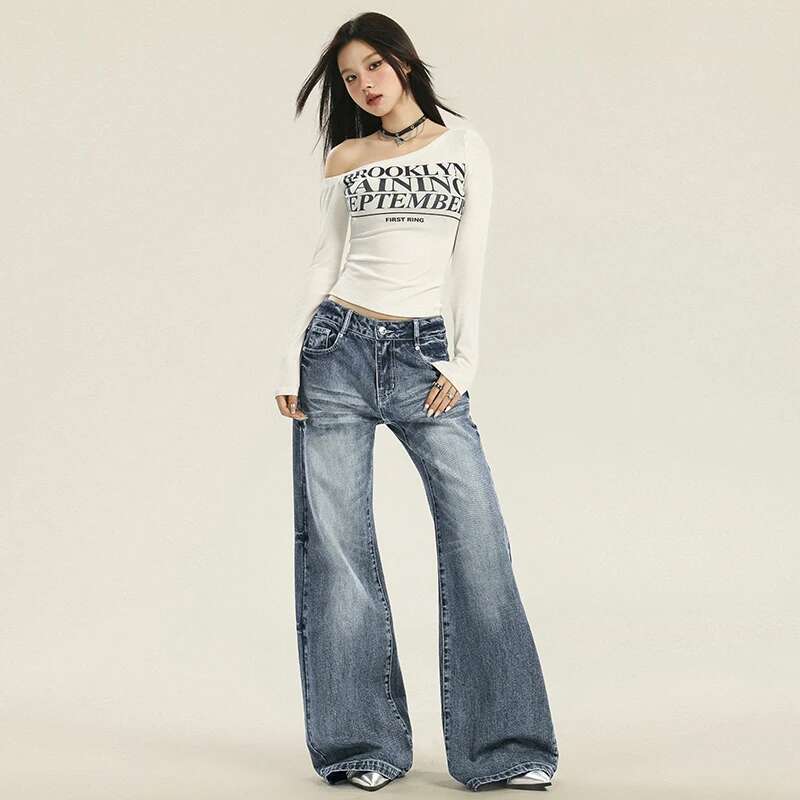 Autumn New Women's Streetwear Washed Denim Pants Vintage Straight Trousers Casual Loose-Fit High-Waisted Wide Leg Jeans